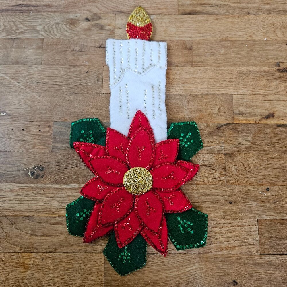 Vintage Christmas Bucilla Style Sequin Felt Wall Hanging Candle Poinsetta Flower